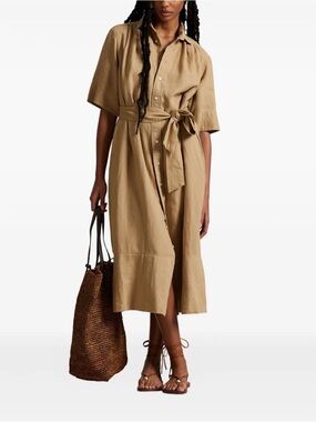 NWOT Polo by Ralph Lauren Camel Khaki Beige Button-Up Linen Shirt Dress Size 2